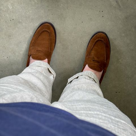 Photo by titletowngoods on July 5, 2025 of the Grant Stone Traveler Loafer in C.F. Stead Bourbon Repello Calf Suede.