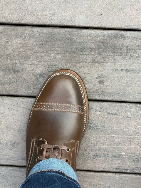 Photo by ferf on June 15, 2023 of the Flame Panda Service Boot in Horween Olive Waxed Flesh.