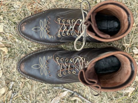 Photo by jayandhisboots on February 2, 2025 of the White's Packer Pointed Toe in Seidel Brown Dress.