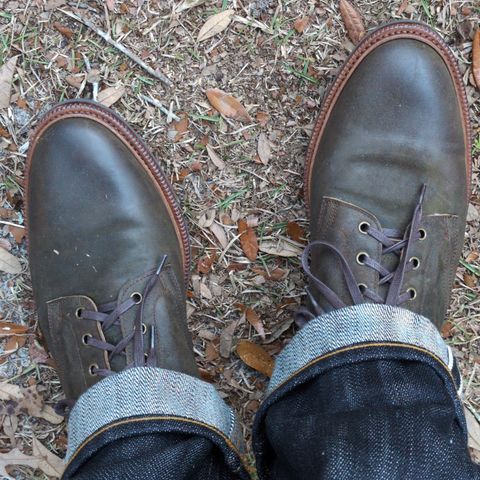 Photo by abrinson on January 4, 2024 of the Meermin Plain Toe Boot in Caper Green Waxy Shell Cordovan.