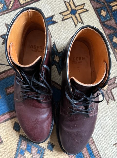 Photo by neerja27 on February 5, 2024 of the Viberg Unknown Model in Horween Color 8 Shell Cordovan.
