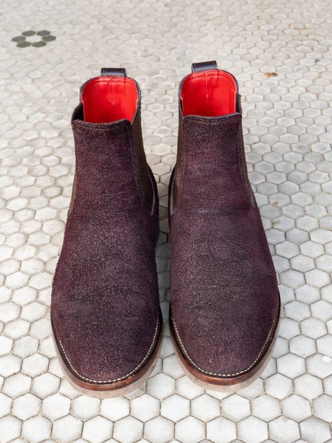 Photo by redfishjoefish on November 4, 2024 of the Briselblack The Seventh Chelsea Boot in Horween Rare Wine Reverse Chamois.