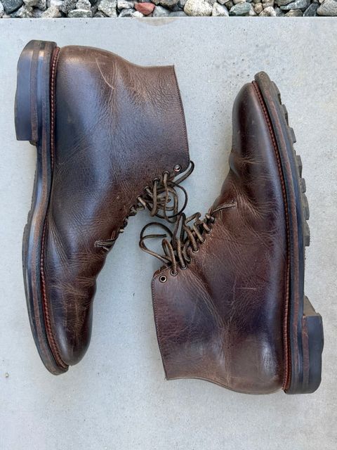 Photo by Drover_Shy on July 10, 2026 of the Viberg Wholecut Derby Boot in C.F. Stead Stone Waxed Kudu.
