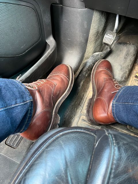 Photo by JSeppala on February 7, 2025 of the Grant Stone Garrison Boot in Horween Crimson Chromexcel.