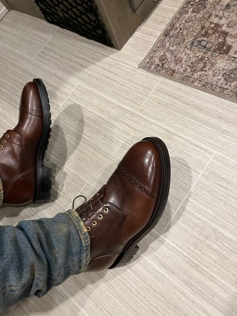 Photo by JSeppala on January 7, 2025 of the Grant Stone Garrison Boot in Horween Crimson Chromexcel.