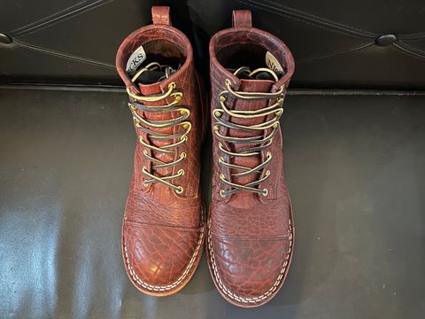 Photo by bootsfeet on November 6, 2023 of the Nicks MTO in Law Tanning Oxblood Smooth Shruken Bison.