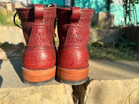 Photo by bootsfeet on December 5, 2023 of the Nicks MTO in Law Tanning Oxblood Smooth Shruken Bison.