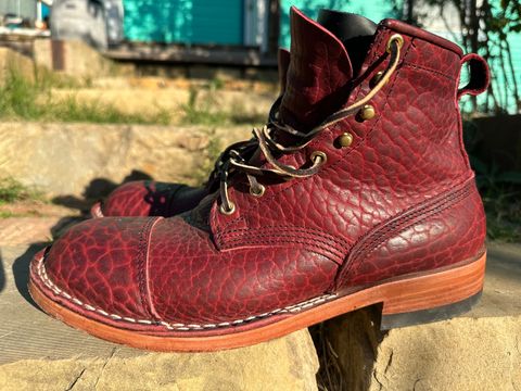 Photo by bootsfeet on December 5, 2023 of the Nicks MTO in Law Tanning Oxblood Smooth Shruken Bison.