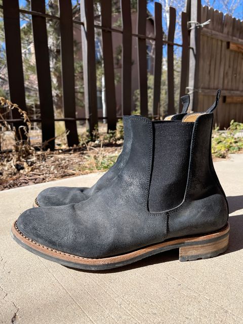 Photo by thelibertytree on February 4, 2023 of the Mark Albert Chelsea Boot in C.F. Stead Black Waxy Commander Suede.