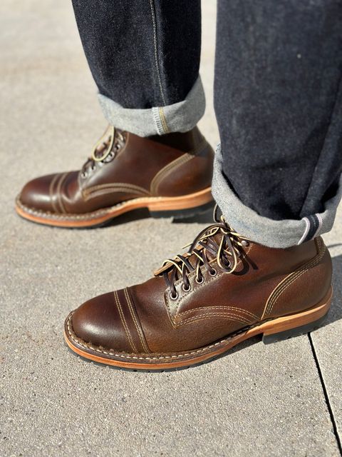 Photo by watch_gabe on October 4, 2023 of the White's MP-Sherman Toe Cap in Horween Cinnamon Waxed Flesh.