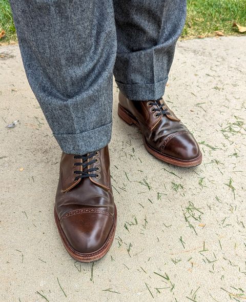 Photo by Frugal.Sole on October 23, 2024 of the Meermin Derby Boot in Shinki Olive Shell Cordovan.