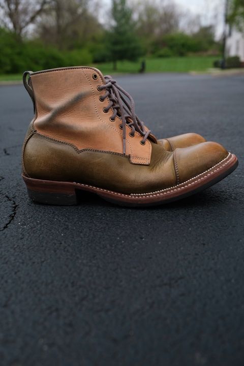 Photo by KentuckyDenimHead on April 5, 2024 of the Midas Vanquish Blucher Boot in Shinki Natural Horsehide Overdyed Olive.