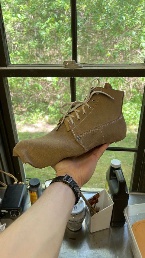 Photo by Asian on May 1, 2025 of the Oldspeed MFG Henry Johnson Trench Boot in Horween Natural Chromexcel Roughout.