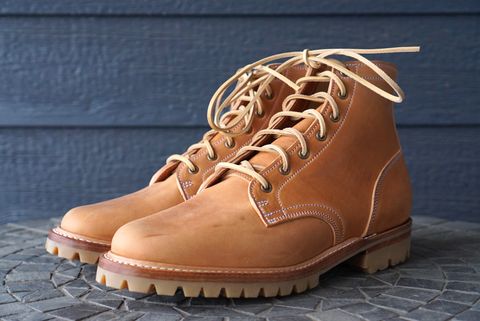 Photo by GuardedGoods on April 23, 2022 of the Truman Service Boot in Maryam Natural Horsebutt.