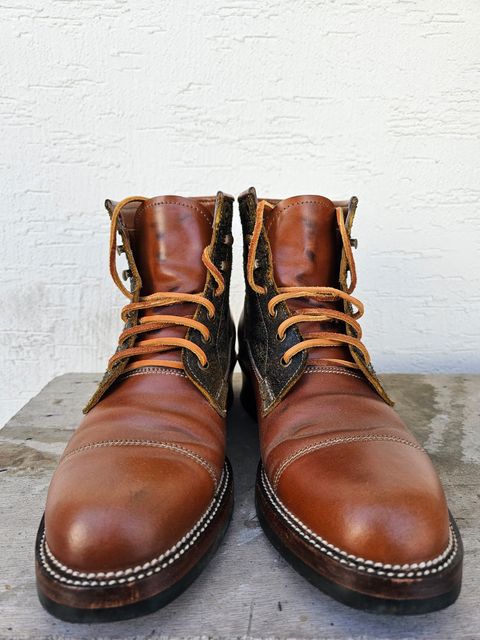 Photo by EL on March 5, 2023 of the Midas Vanquish Blucher Boot in Leder Ogawa Camel Shell Cordovan.