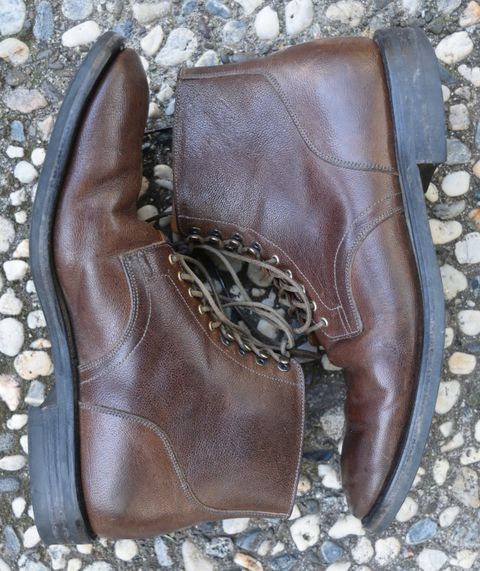 Photo by madeofbirds on March 3, 2023 of the Viberg Service Boot in Maryam Brown Washed Camel.