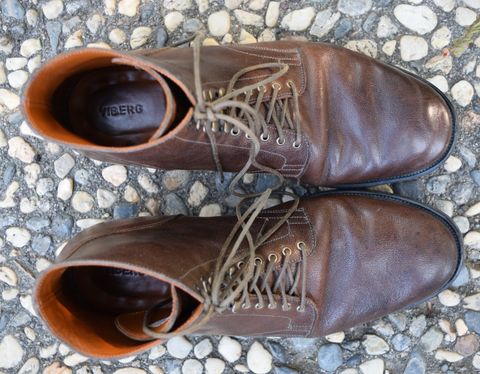 Photo by madeofbirds on March 3, 2023 of the Viberg Service Boot in Maryam Brown Washed Camel.