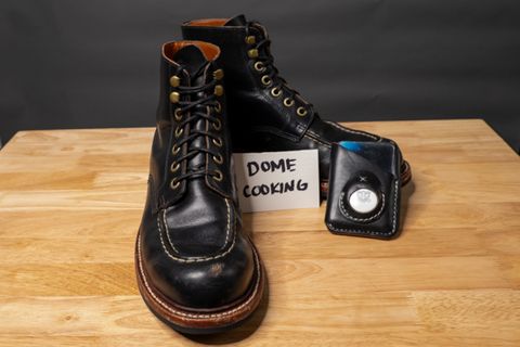 Photo by sawdustandstitch on November 6, 2025 of the Grant Stone Brass Boot in Horween Black Chromexcel.