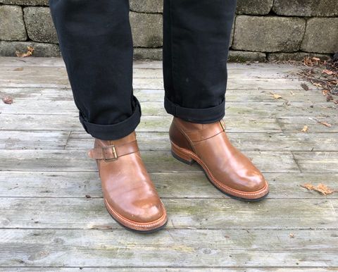 Photo by rarum2 on April 1, 2023 of the John Lofgren Wabash Engineer Boots in Horween Natural Chromexcel.
