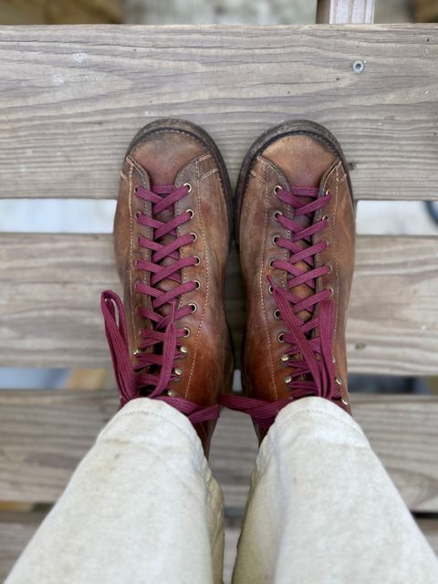 Photo by knoll on August 30, 2025 of the Flame Panda Monkey Boot in Maryam Natural Horsebutt.