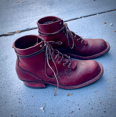 Photo by Nuc on December 2, 2024 of the Nick's Boots MTO in Wickett & Craig Double Stuffed Crimson.