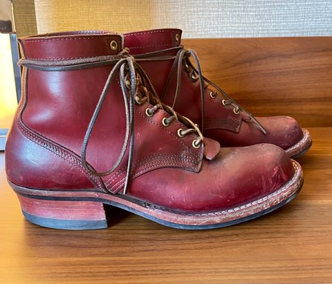 Photo by Nuc on March 2, 2025 of the Nick's Boots MTO in Wickett & Craig Double Stuffed Crimson.