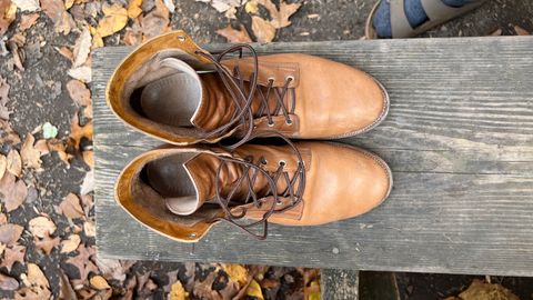 Photo by davecorey on November 5, 2023 of the Oldspeed MFG Service Boot 6” in Horween Tan Latigo.