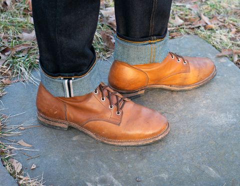 Photo by davecorey on January 3, 2024 of the Oldspeed MFG Service Boot 6” in Horween Tan Latigo.