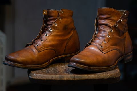 Photo by davecorey on April 5, 2024 of the Oldspeed MFG Service Boot 6” in Horween Tan Latigo.