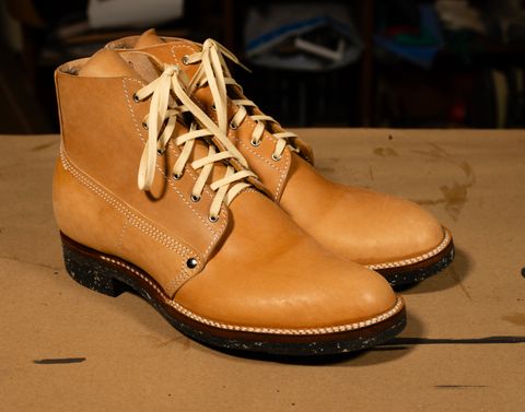 Photo by davecorey on October 17, 2025 of the Oldspeed MFG Henry Johnson Boot in Horween Russet Horsehide Strips.