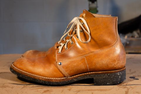 Photo by davecorey on February 4, 2026 of the Oldspeed MFG Henry Johnson Boot in Horween Russet Horsehide Strips.
