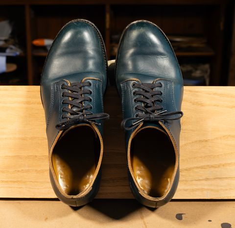 Photo by davecorey on December 4, 2025 of the Oldspeed MFG Shoe in Horween Navy Chromexcel Strips.