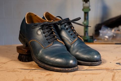 Photo by davecorey on February 4, 2026 of the Oldspeed MFG Shoe in Horween Navy Chromexcel Strips.