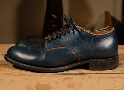 Photo by davecorey on March 5, 2026 of the Oldspeed MFG Shoe in Horween Navy Chromexcel Strips.