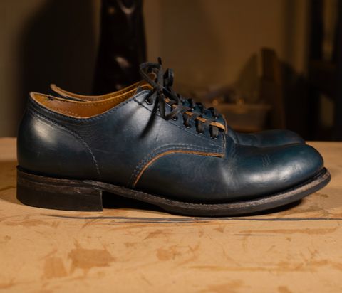 Photo by davecorey on March 5, 2026 of the Oldspeed MFG Shoe in Horween Navy Chromexcel Strips.