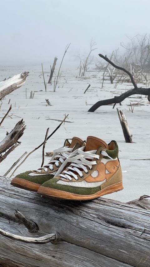 Photo by davecorey on May 26, 2024 of the Oldspeed MFG Sneaker Prototype in Horween Tan Latigo & Avocado Suede.