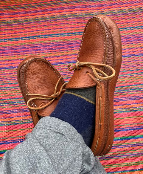 Photo by jbyer111 on January 24, 2026 of the Town View Ole Maine Comfort Classic Double Sole Moccasin in Unknown Top Grain Bullhide & Unknown Deerskin Lining.