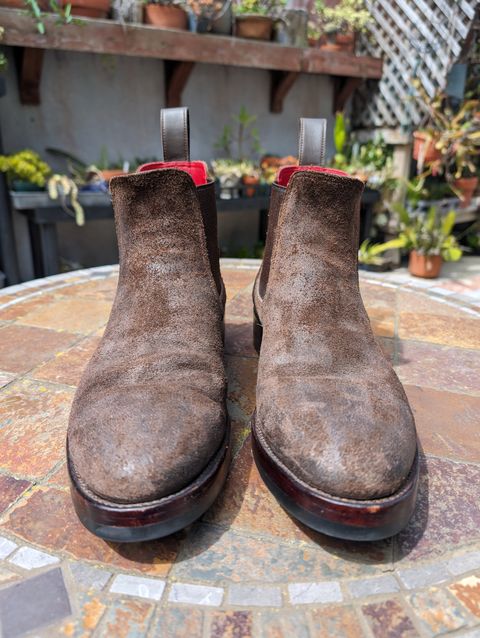 Photo by Dodgers78 on April 5, 2024 of the Benzein The Seventh Chelsea Boot in Indonesian Dark Brown Waxed Flesh.
