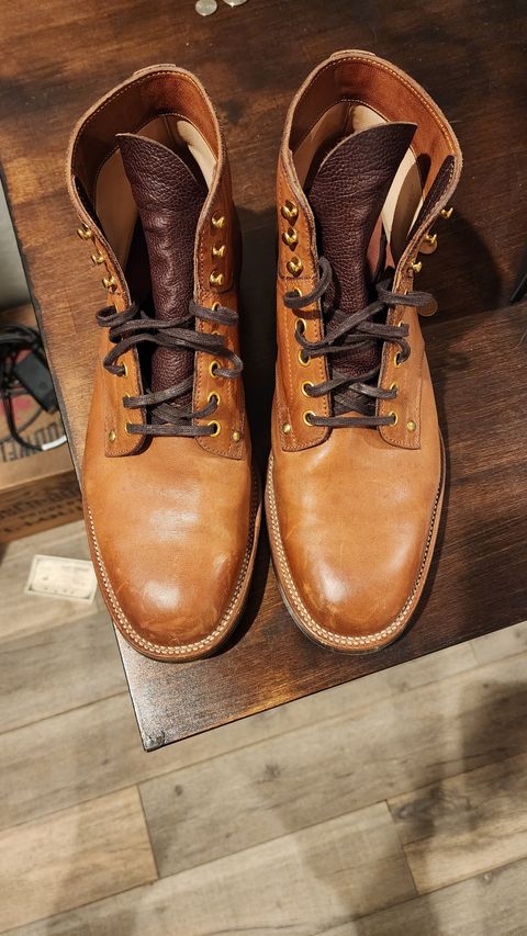 Photo by jranders52 on December 5, 2023 of the Iron Boots x Østmo Type 1 in Maryam Light Brown Washed Horsehide.