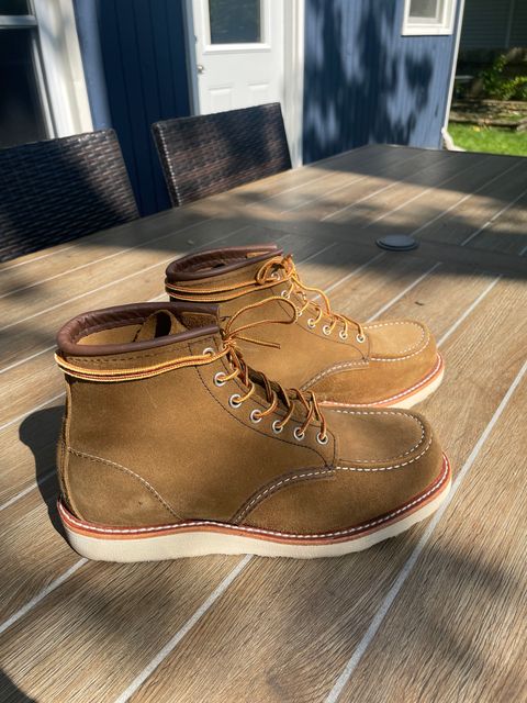 Photo by alamacchia2 on October 7, 2024 of the Red Wing 6-Inch Classic Moc in S.B. Foot Olive Mohave Roughout.