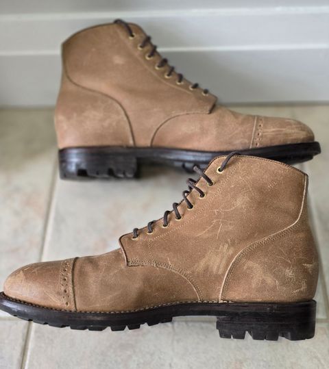 Photo by Gonzo on December 7, 2025 of the Grant Stone Garrison Boot in C.F. Stead Natural Waxy Commander Suede.