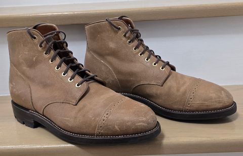 Photo by Gonzo on December 7, 2025 of the Grant Stone Garrison Boot in C.F. Stead Natural Waxy Commander Suede.