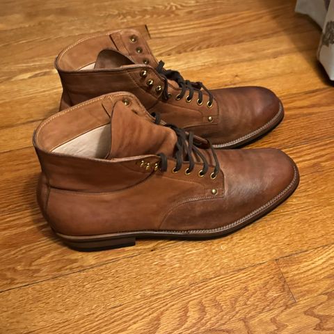 Photo by drwatcherman on January 4, 2024 of the Iron Boots x Østmo Type 1 in Maryam Light Brown Washed Horsehide.