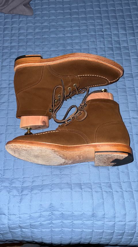 Photo by HeritageWearingPatriot on November 19, 2024 of the Grant Stone Ottawa Boot in C.F. Stead Bourbon Repello Calf Suede.