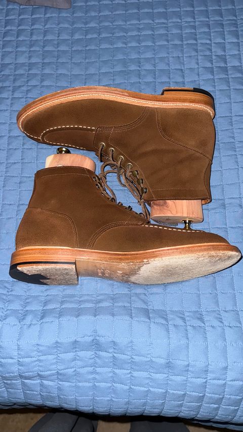 Photo by HeritageWearingPatriot on November 19, 2024 of the Grant Stone Ottawa Boot in C.F. Stead Bourbon Repello Calf Suede.