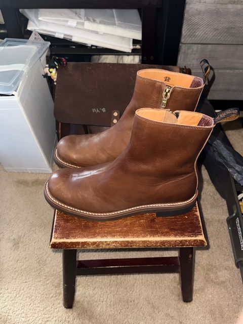 Photo by HeritageWearingPatriot on July 20, 2026 of the Rolling Dub Trio Casper Boot in brown horsehide.