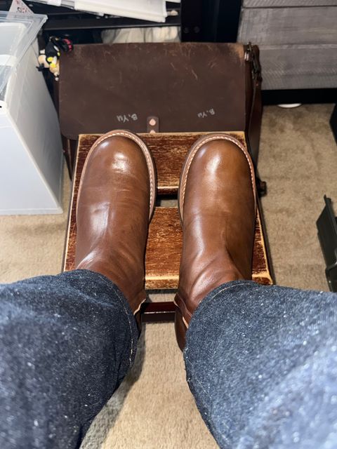 Photo by HeritageWearingPatriot on July 20, 2026 of the Rolling Dub Trio Casper Boot in brown horsehide.