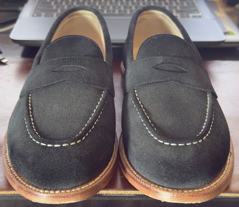 Photo by HeritageWearingPatriot on May 27, 2026 of the Grant Stone Travelers in C.F. Stead Black Janus Calf Suede.