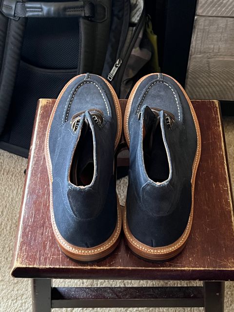Photo by HeritageWearingPatriot on September 8, 2023 of the Grant Stone Ottawa Boot in C.F. Stead Navy Blue Janus Calf Suede.