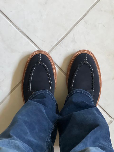 Photo by HeritageWearingPatriot on September 9, 2023 of the Grant Stone Ottawa Boot in C.F. Stead Navy Blue Janus Calf Suede.